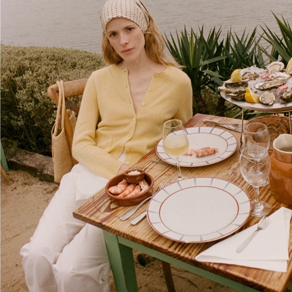 Doen Freya Cashmere Crewneck Pocket Button Knit Sweater Top Lemon Chiffon Yellow - Picture 3 of 13